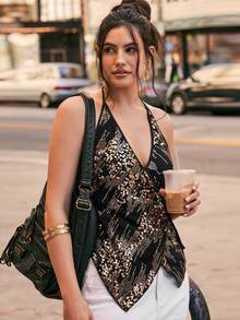 Freevana 波西米亚风吊带串珠刺绣V领裹身式上衣，宽松显瘦小众外套，适合音乐节穿着 - 黑色 - 查看 1