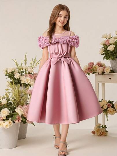 Teen GirlPink Satin Dress. The Dress Is Made Of Satin Fabric With A Crisp And Lustrous Feel. Sculptural Floral Details On The Shoulders, A Large Bow At The Waist, And An A-Line Skirt. This Is A Refined Princess-Style Dress With A Sweet And Formal Vibe. Suitable For Daily Wear, Weddings, Children's Birthday Parties, Piano And Dance Performances, Host Runway Shows, And Other Formal Or Semi-Formal Occasions.