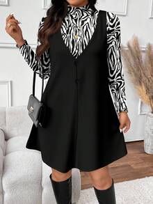 SHEIN Frenchy 大码女式斑马纹长袖立领T恤和围兜连衣裙休闲两件套 - 黑色 - 查看 6