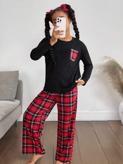 SHEIN SLAYR KIDS 青少年女孩格子印花直筒睡裤带口袋和圆领长袖宽松休闲舒适睡衣套装，2 件套