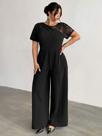 Firerie Plus Size Women's Elegant Lace Patchwork Sheer Short Sleeve Wide Leg Jumpsuit, Suitable For Work And Commute, Spring/Summer/Autumn (Excluding Belt) Plus Size Jumpsuit Elegant Formal Overall For Women Formal Elegant Classy Coords Outfit For Women Office Outfits For Women Latest Outfit For Women Spring/Summer Elegant Vacation Jumpsuit For Women Wedding Guest Jumpsuit For Women Graduation Jumpsuit For Women Festival Outfits For Women