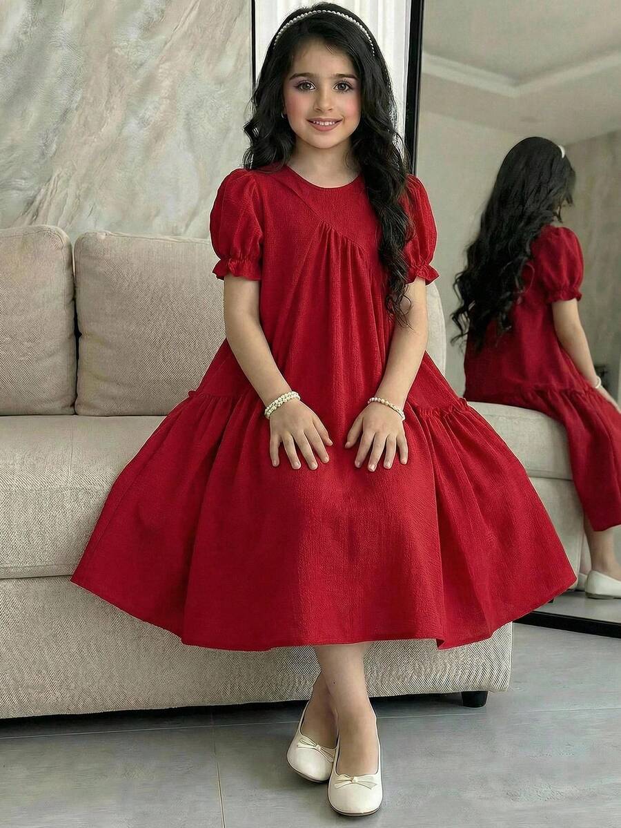 Tween Girl Loose Elegant Split Design Round Neck Puff Sleeve Dress - Red - View 1