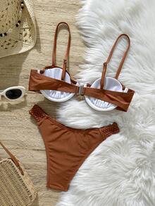 Swim Chiccia Bộ bikini 2 món dành cho nữ, màu trơn, kiểu dáng gợi cảm, gồm áo hai dây và quần tam giác buộc dây phía trước, thích hợp cho mùa hè. - màu nâu - Xem 2