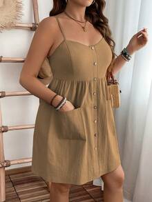 EMERY ROSE Đầm midi dây đeo eo, chất liệu cotton nguyên chất, dáng suông, thích hợp mặc hàng ngày vào mùa hè, có túi, dành cho người có thân hình mũm mĩm. - Màu Khaki - Xem 1