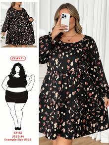 SHEIN CURVE+ 大码复古豹纹宽松圆领长袖连衣裙，适合秋冬季穿着 - 彩色 - 查看 8