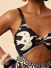 Travachic 女士卡通印花扭结镂空连体泳衣，适合海滩度假 - 彩色 - 查看 7