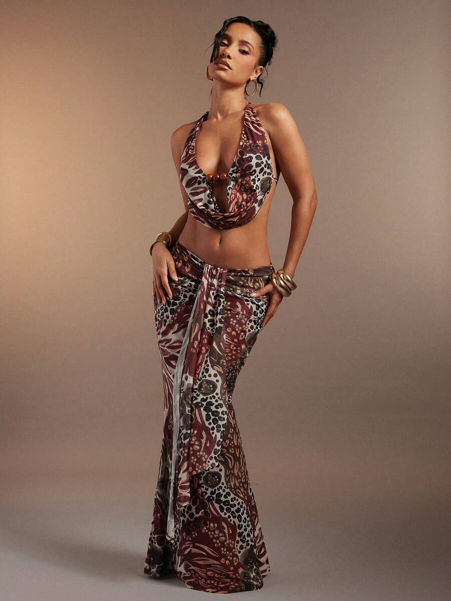 Hauture Women's Sexy Abstract Animal Floral Print Backless Halter Top And Fish Tail Skirt 2 Pieces Set - Multicolor - View 1