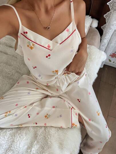 CottageSlumber Cherry Blossom Floral Print Camisole Top And Pants Women Pajama Set, Loungewear