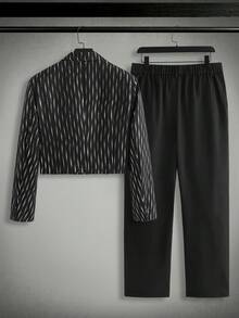 HIMLAND Men's Striped Lapel Fashion Versatile Long Sleeve Suit Set - Black - View 2