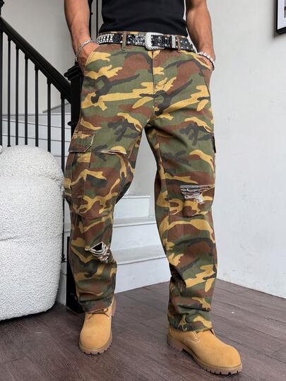 Manfinity Roughcore Men's Casual Distressed Ripped Camo Denim Jeans With Multiple Pockets