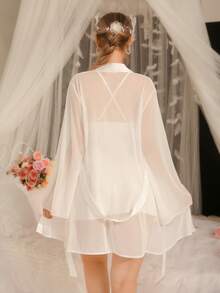 DelicateAllure Women's Sexy Lace Patchwork Satin Slip Dress With Slit And Lace Patchwork Tie-Up Robe Sleepwear Set Bridal Robe Set Sexy 2 Piece Nightgown Wedding Lingerie Set - White - View 2