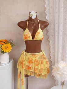 Bellisia Bộ bikini 3 món in họa tiết hoa màu nước, gồm áo bikini buộc dây cổ, quần bikini buộc dây bên hông và váy sarong, thích hợp cho kỳ nghỉ hè. - Nhiều màu - Xem 5