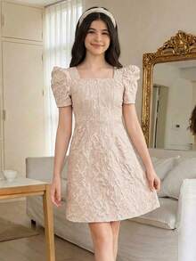 SHEIN Tween Girl Cute Puff Sleeve Square Neck Jacquard Dress - Khaki - View 1