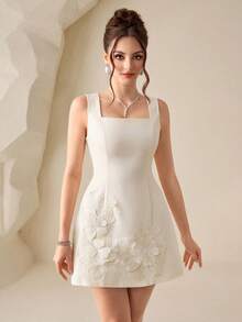 Modelyn Đầm ngắn màu vàng nhạt với họa tiết hoa 3D, thắt eo, gợi cảm, thích hợp cho hẹn hò, tiệc tùng và các dịp trang trọng. - Vàng nhạt - Xem 6