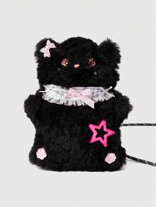 ROMWE Kawaii Black Plush Meow Lace Star Messenger Bag - Black - View 1