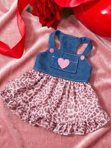 PETSIN 牛仔背带宠物连衣裙，带粉色爱心口袋 - 粉色豹纹荷叶边裙摆狗狗套装，适合小型犬和猫咪的可爱休闲夏季连衣裙 - 藍粉 - 查看 8