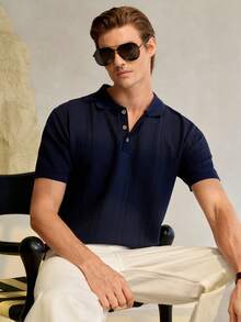 Manfinity CityGents 男士夏季休闲短袖针织上衣老款唯美男士纽扣Polo衫男士针织Polo衫男士Polo衫 - 藏蓝色 - 查看 6