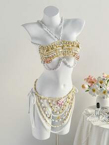 Elamini Ensembles de bikini pour femmes, bikinis de plage pour femmes été 2026 Tenues d'été pour femmes Robe de plage Tenues de plage pour femmes Tenues d'été élégantes et décontractées pour les vacances Tenues de vacances pour femmes Maillots de bain pour femmes, Tenues de plage et de fête décontractées, Bikini perlé printemps/été Tenue de déesse perlée Bikini coquillage Bikini perle Tenue bohème de vacances Sexy Uni Carreaux Rayures Décontracté - Beige - Voir 5