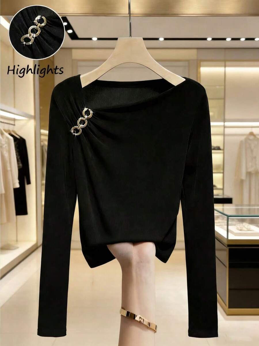 GlowEve Women's Asymmetrical Neckline Chain Decor Long Sleeve T-Shirt, Elegant Casual Wear For Spring, Summer, Autumn, Winter - Black - View 1
