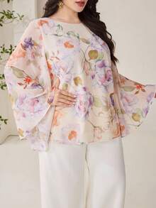 Veilorie Plus Size Women Elegant Floral Print Loose Fit Round Neck Blouse, Autumn - Multicolor - View 7