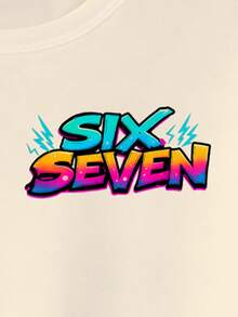 SHEIN Streecool Kids 男童休闲时尚创意个性清新高端简约数字67卡通积木闪电标语印花宽松基础款短袖T恤，舒适日常穿着，适合春、夏、秋季穿着。 - 米色 - 查看 3