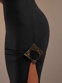 Hauture Black Mock Neck Sleeveless Midi Dress With Gold Trim - Black - View 6