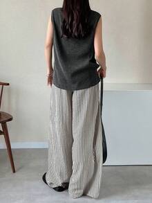 FRIFUL Women's Solid Color Round Neck Loose Tank Top And Striped Wide Leg Pants Casual 2 Pieces Set Lounge Sets For Women - Black - View 8