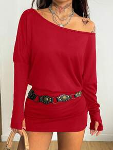 Coolane Đầm mini cổ lệch gợi cảm thời trang nữ - Màu Đỏ Sâu - Xem 4