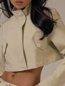 MUSERA Faux Leather Zip Through High Neck Cropped Jacket Spring Summer Cute Cosy Cottage Core Spring Dew - Khaki - View 2