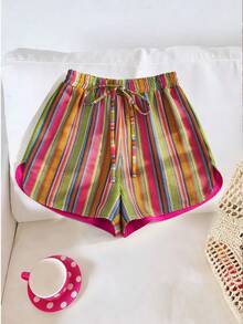 Franclia 女士休闲度假风撞色条纹印花抽绳腰宽松短裤，夏季 - 彩色 - 查看 8