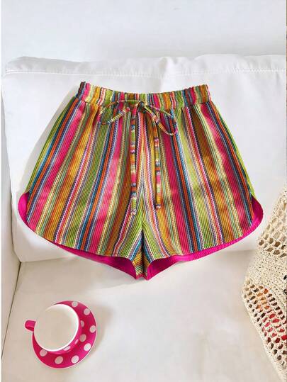 Franclia Women's Casual Vacation Style Colorblock Striped Print Drawstring Waist Loose Shorts, Summer