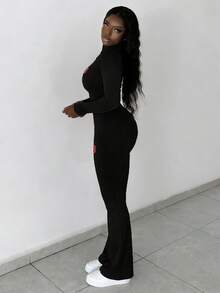 Slaydiva Women's 2pcs Casual Basic High-Stretch Slim Fit Long Sleeve Zipper Top And Pants Set/Black Set/Spring And Summer/Y2K/Going Outfit/NO.23 Graphic - Black - View 4