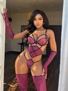 Bare Chapter 5pcs Sexy Leopard Print Criss-Cross Jumpsuit Lingerie Set For Women - Multicolor - View 4