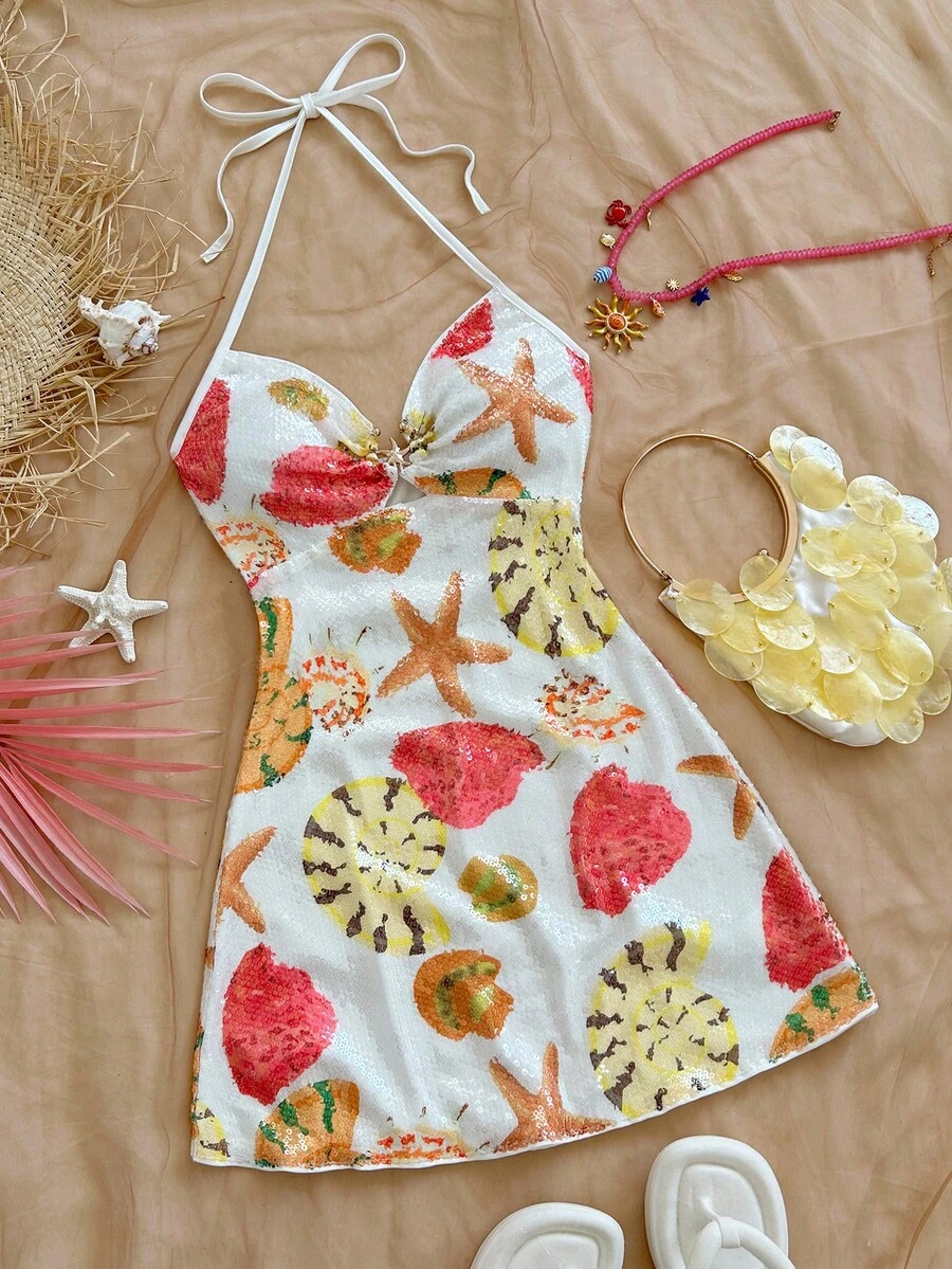 Soleia Gaun Mini Bertekstur Tanpa Lengan dengan Hiasan Bintang Laut Logam Berkerah V Seksi, Cocok untuk Liburan, Kencan, Minum Teh Sore, Liburan, Festival Musik, Gaya Boho - Biru - View 1