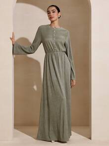 Graceveil 宽松珍珠纽扣装饰长袖连衣裙，灰绿色 - 綠色 - 查看 5