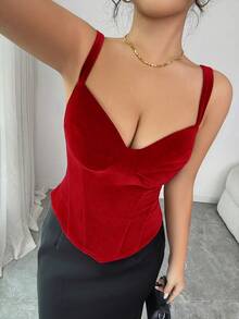 SHEIN Elenzya 女士秋冬都市时尚奢华宴会复古优雅酒红色天鹅绒吊带深V领高腰修身短款吊带背心，适合日常穿着、婚礼、正式晚宴、通勤、毕业派对、节日、度假、约会、派对、万圣节、圣诞节、新年、感恩节等场合。 - 紅色 - 查看 6