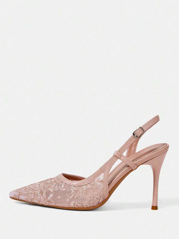 CUCCOO HITCHD Women Shoes Pointed Thin Heel Pink Mesh Lace Simple Slingback Women's Slingback Shoes Wedding Party Banquet Simple Fashion Sexy Women's High Heel Shoes Women's Shoes