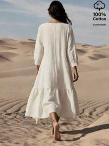 EMERY ROSE Women's V-Neck 3/4 Sleeve Cotton Casual Dress - White - View 2