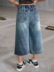 SHEIN Celana Jeans Denim Bermuda Hitam Longgar Gaya Y2K untuk Remaja Perempuan, Cocok untuk Kembali ke Sekolah di Musim Gugur, Fesyen Musim Gugur - Light Wash - View 2