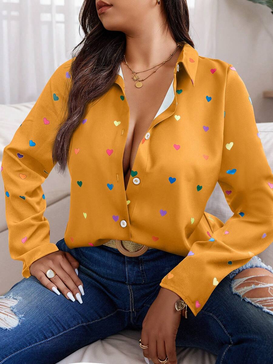 Elenzga قميص أمامي بأزرار مطبوع بالقلوب، عيد الحب - متعدد الألوان - مشاهدة 1