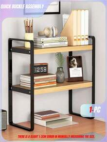 SHEIN 1pc Wood & Metal Multi-Tier Desktop Organizer Rack, Bookshelf For Students, Office Computer Display Shelf - Black - View 2