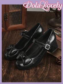 Dola Lovely Black Patent Leather High Heel Pumps, Square Toe Bowknot Mary Jane Shoes, Sweet Lolita Style Casual Wear - Black - View 5