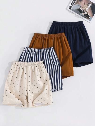 SHEIN 4pcs Tween Boys' Colorful Striped Sailboat Print Solid Color Elastic Waist Casual Shorts Set