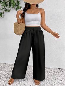 CosyJoli 大码女式新款春夏黑色纯色沙滩短裤，适合情人节等场合，时尚通勤，条纹阔腿裤带口袋。沙滩度假/大学生度假风邮轮女式夏季宽松裤/宽松裤，大码女式休闲裤。 - 黑色 - 查看 6