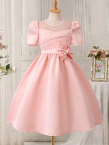 SHEIN Vestido de niña preadolescente con parches de malla, decoración de perlas y lazo - Rosa - Ver 5