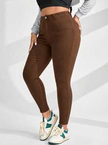 SHEIN ICON Plus Size Women High Waist Pockets Skinny Casual Versatile Jeans - Rust Brown - View 4
