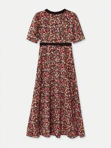 lacRébo 碎花复古印花长裙，胸前和领口饰有黑色蕾丝边，法式巴黎风情 - 黑色 - 查看 8