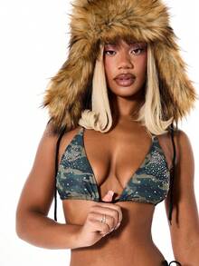 SUMWON WOMEN 迷彩印花水钻装饰三角挂脖比基尼套装，侧边系带泳裤，适合海滩度假夏季游泳池穿着 - 軍綠色 - 查看 7