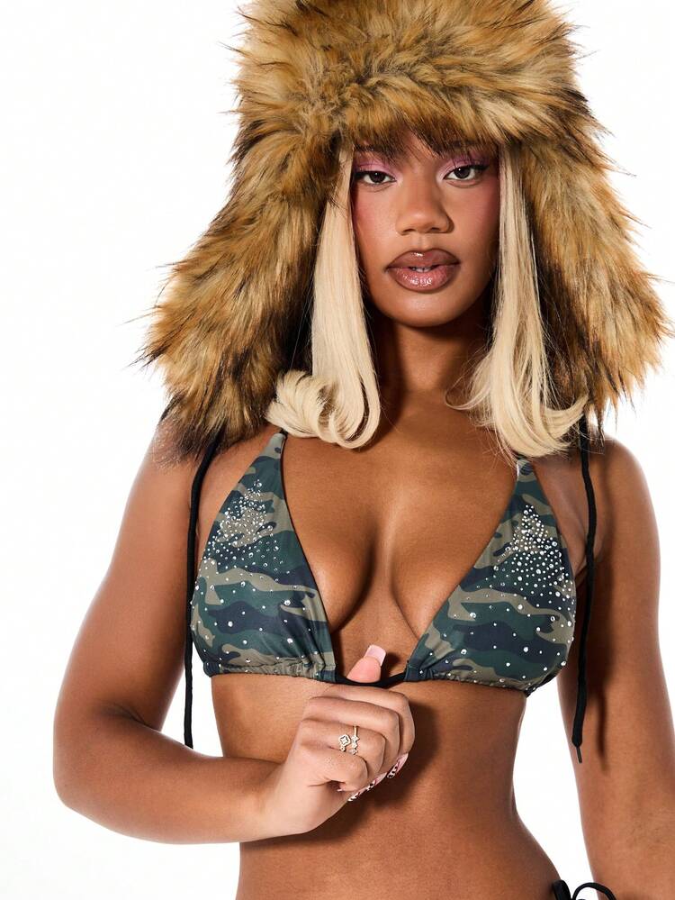 SUMWON WOMEN Camouflage Rhinestone Triangle Halter Bikini Set