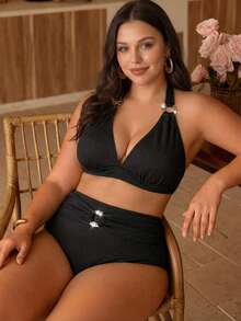 Swim Chiccia Plus Size Women's Solid Color Halter Tie Sexy Bikini Swimsuit Set - Black - View 5